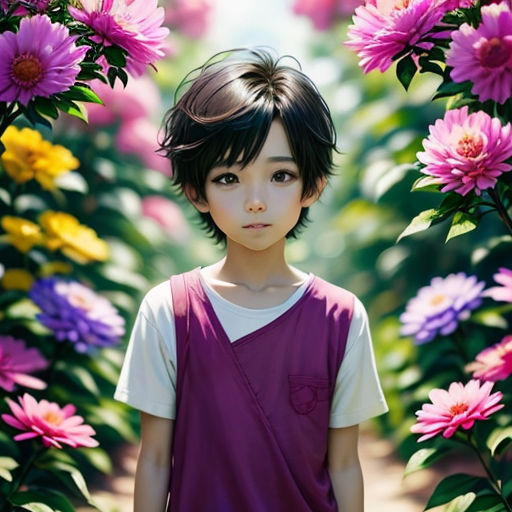 a young boy standing in a field of flowers with a pink shirt on and a white shirt on his chest