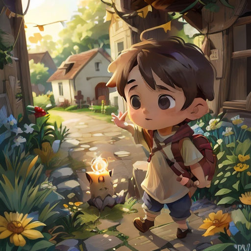 a boy with a backpack is standing in a garden with a candle in his hand and a dog is in the background