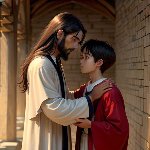 a man and a boy are standing together in front of a brick wall and a building with a cross on it