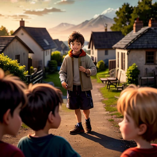 a boy standing in front of a group of children on a road with houses in the background and a mountain in the distance