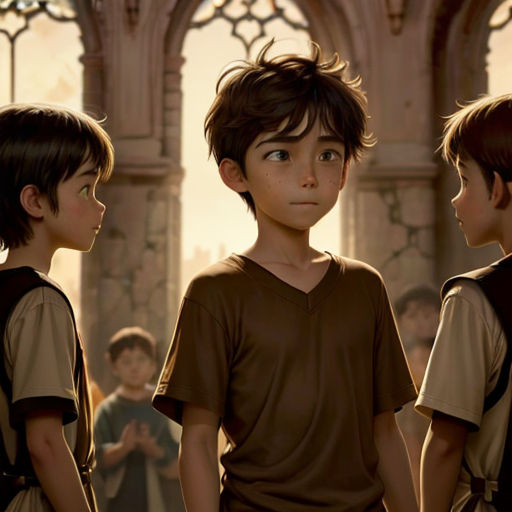 a group of young boys standing next to each other in front of a window with a stained glass window