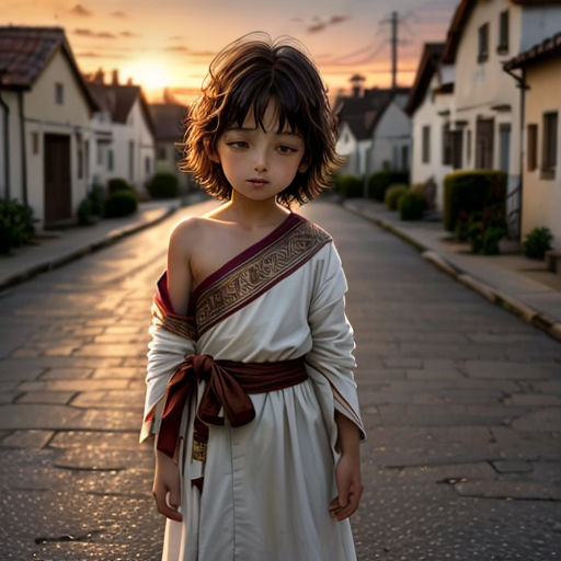 a young girl dressed in a white dress standing on a street at sunset with a red sash around her waist