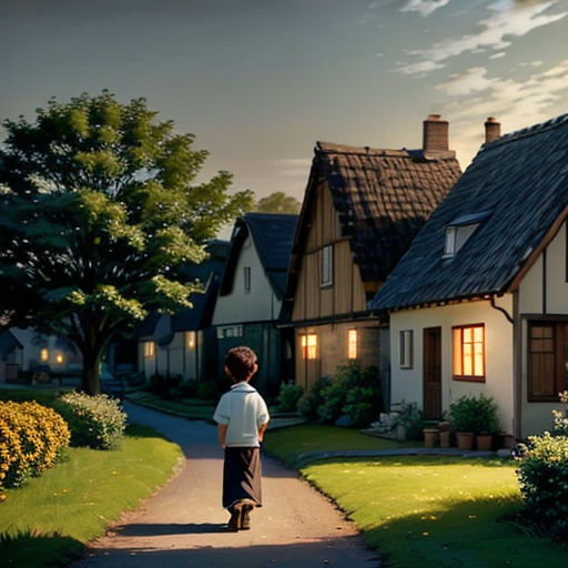 a boy walking down a path in front of a house at night with a lit up window and a shingled roof