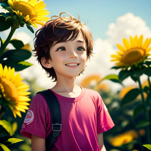 a young boy standing in a field of sunflowers with a backpack on his shoulder and smiling at the camera