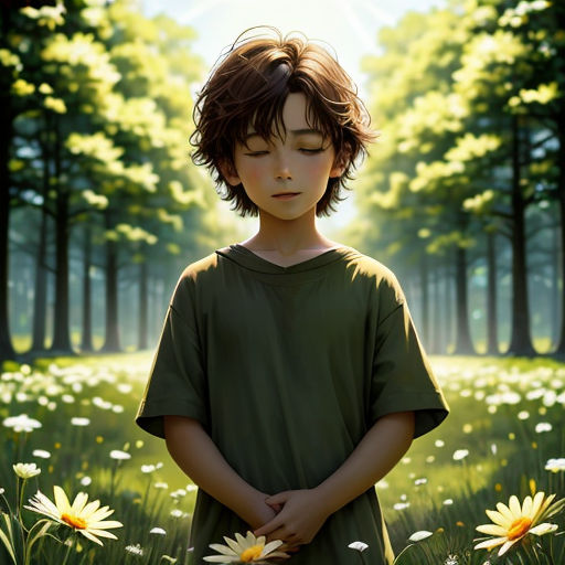 a painting of a boy standing in a field of daisies with his eyes closed and his hands folded