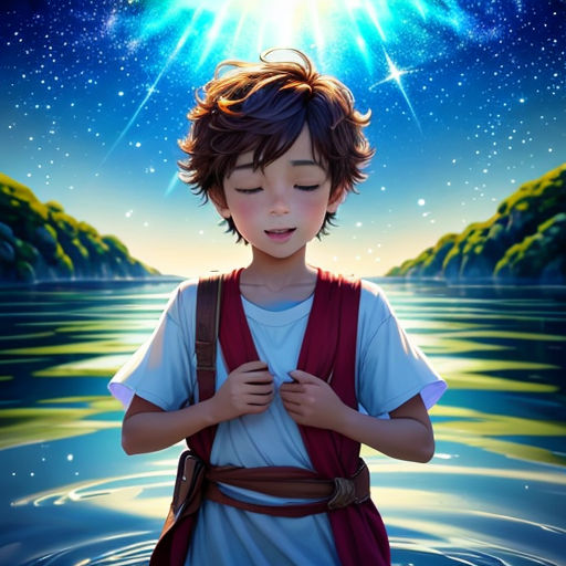 a boy standing in water with his eyes closed and a star above him, with a bright light shining above him