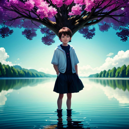 a boy standing in the water with a tree in the background and a lake in the foreground with a pink blossom