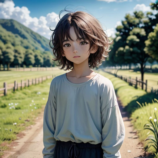 a young girl standing on a dirt road in a field of flowers and trees, with a mountain in the background