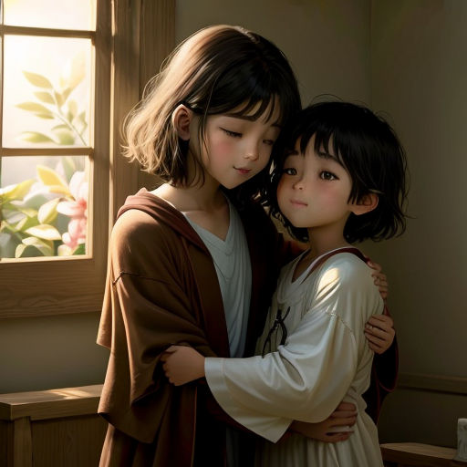 two children hugging each other in front of a window with sunlight coming through the window panes and a flower pot behind them