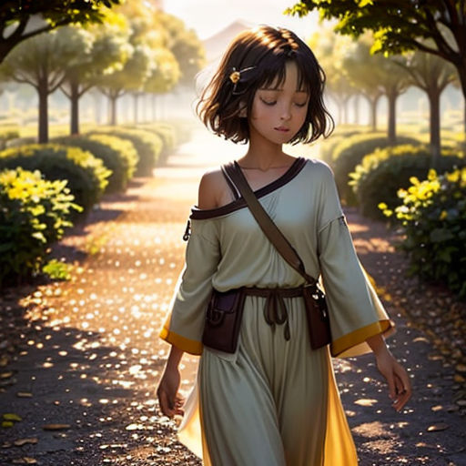 a young girl dressed in a roman costume walking down a path in a park at sunset with trees and bushes