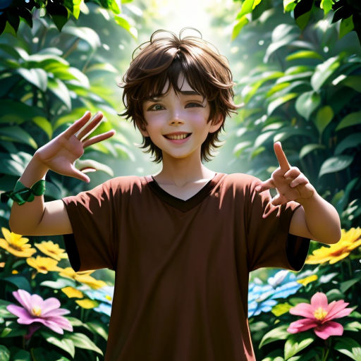 a boy is making a peace sign in front of flowers and plants with his hands up in the air