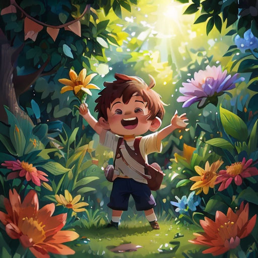 a boy is standing in the middle of a forest with flowers and a backpack on his back, and a sun shining through the trees