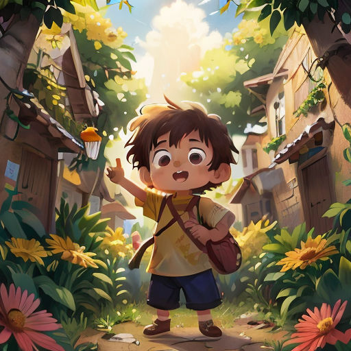 a boy with a backpack standing in a garden with flowers and a bird on his shoulder, looking at the camera