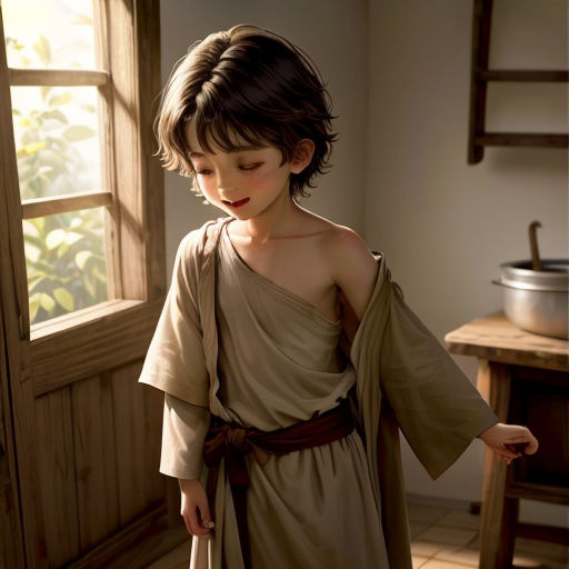 a young boy dressed in a brown robe and holding a knife in his hand and looking down at something