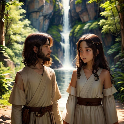 a man and a woman dressed in roman costumes standing in front of a waterfall with a waterfall in the background