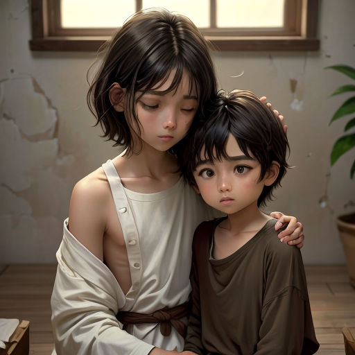 a painting of two children sitting on a table together, one of them is holding the other's head