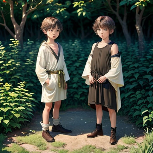 two children in roman garb standing in a garden with trees and bushes behind them, one of them is wearing a roman garb