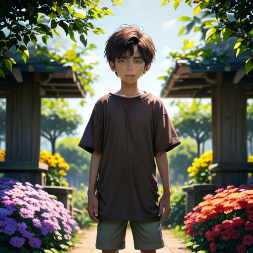 a boy standing in front of a garden with flowers and trees in the background, with a gazebo in the background