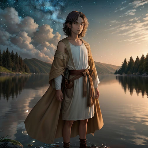 a painting of a person standing in the water with a robe on and a star in the sky above
