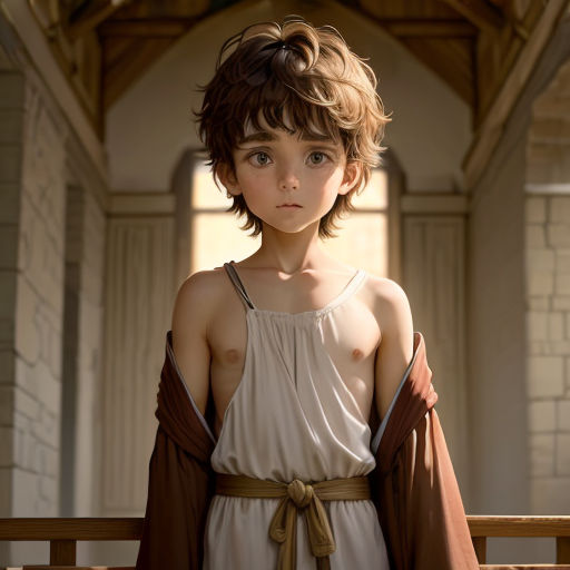 a young boy dressed in a roman costume with a cape on his head and a brown cape on his shoulders