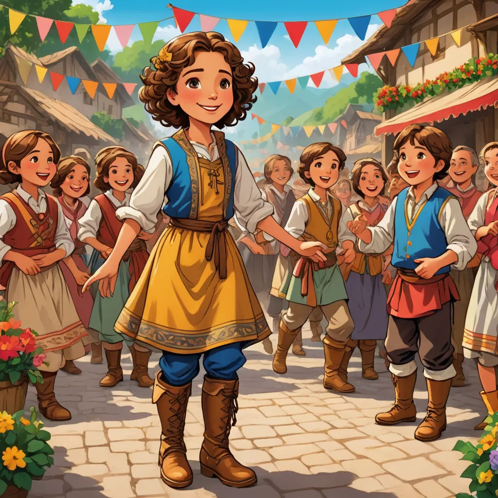 a cartoon of a girl in a yellow dress standing in front of a crowd of people in a village, fantasy art, a storybook illustration, Anne Said, official art