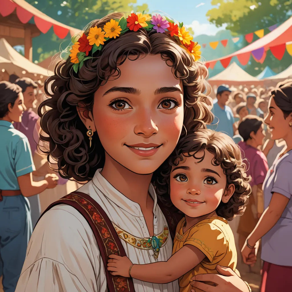a painting of a woman holding a child in her arms at a festival with people in the background and a tent, fantasy art, a storybook illustration, Constance Gordon-Cumming, official art
