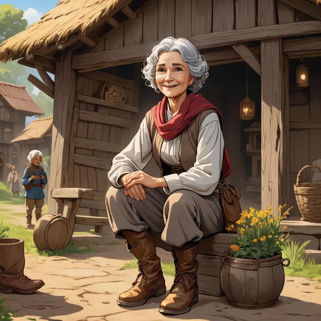 a painting of a woman sitting on a bench in front of a house with a thatched roof and a basket of flowers, fantasy art, a storybook illustration, Ada Gladys Killins, fantasy illustration