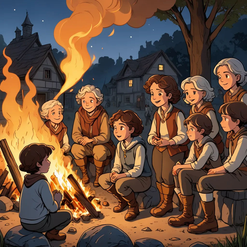 a group of people sitting around a fire in a forest at night with a house in the background and a fire in the ground, fantasy art, a storybook illustration, Brothers Hildebrandt, official art
