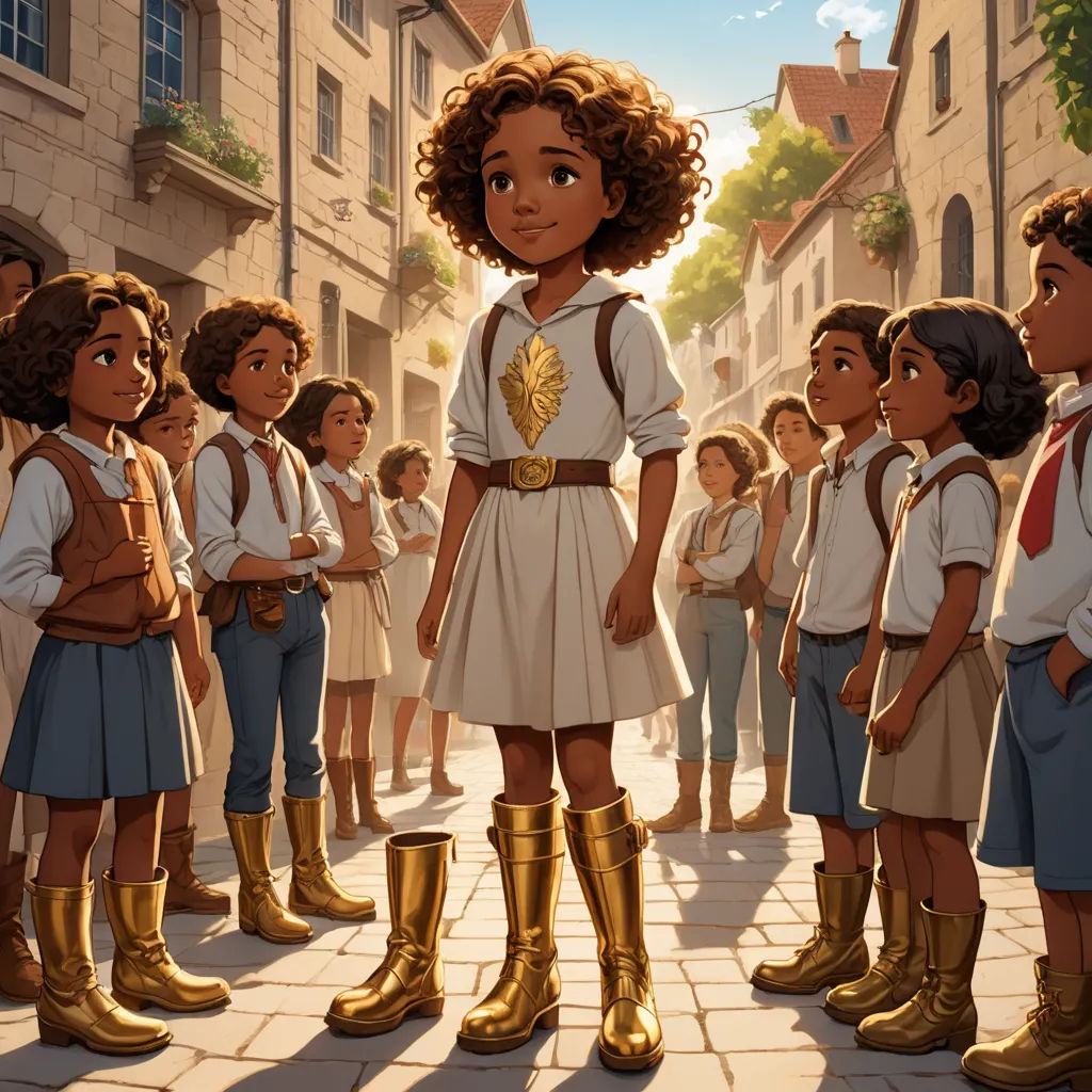 a cartoon of a girl standing in front of a group of children in school uniforms and boots, with a group of children standing in the background, magical realism, a storybook illustration, Chris LaBrooy, official art