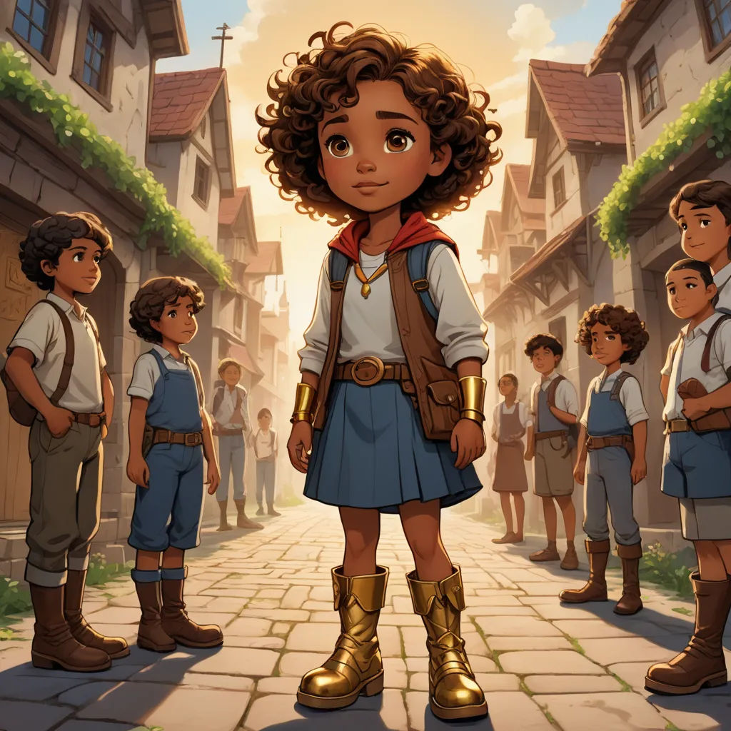 a cartoon of a girl standing in front of a group of children in a village with a cross on the street, fantasy art, a storybook illustration, Chris LaBrooy, key art