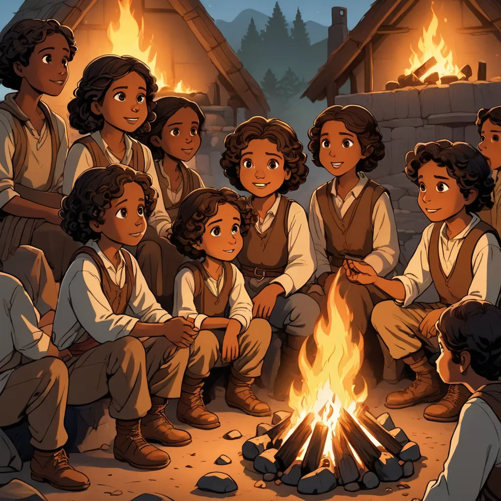 a group of people sitting around a fire in a village with a fire pit in the middle of the picture, harlem renaissance, concept art, Anne Said, official art