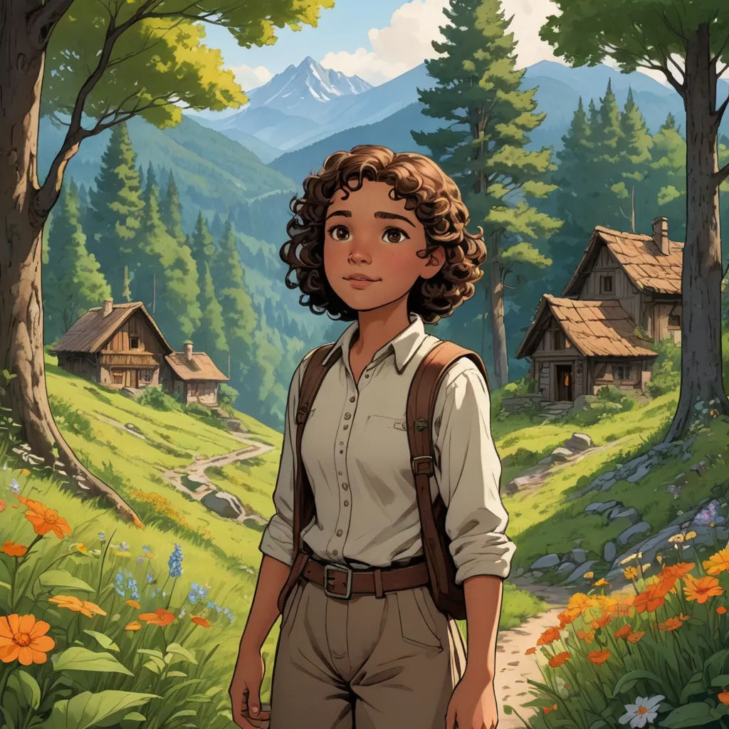 a young boy standing in front of a forest with a cabin in the background and a mountain in the background, fantasy art, a character portrait, Claire Falkenstein, official art
