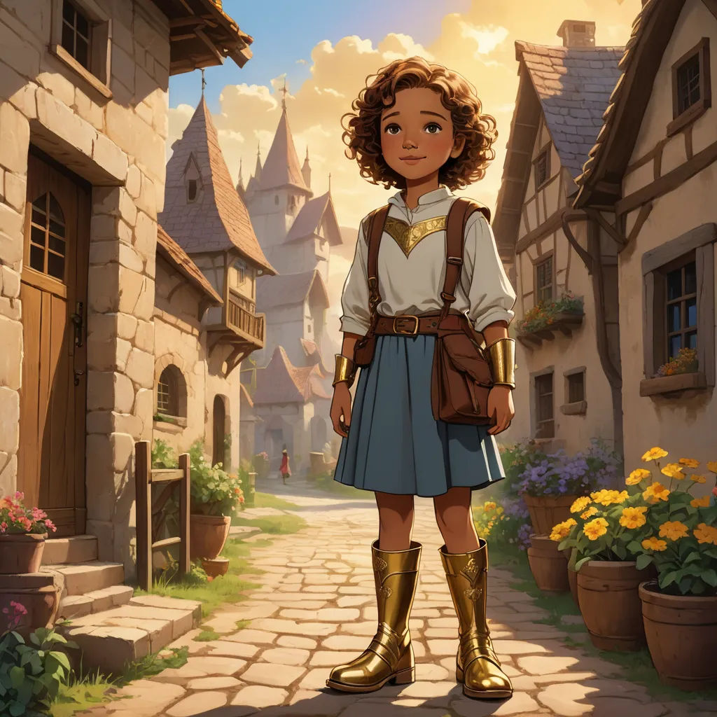a young girl standing in a village with a castle in the background and flowers in the foreground, and a man in a brown jacket and white shirt and blue skirt, fantasy art, a storybook illustration, Chris LaBrooy, rossdraws global illumination