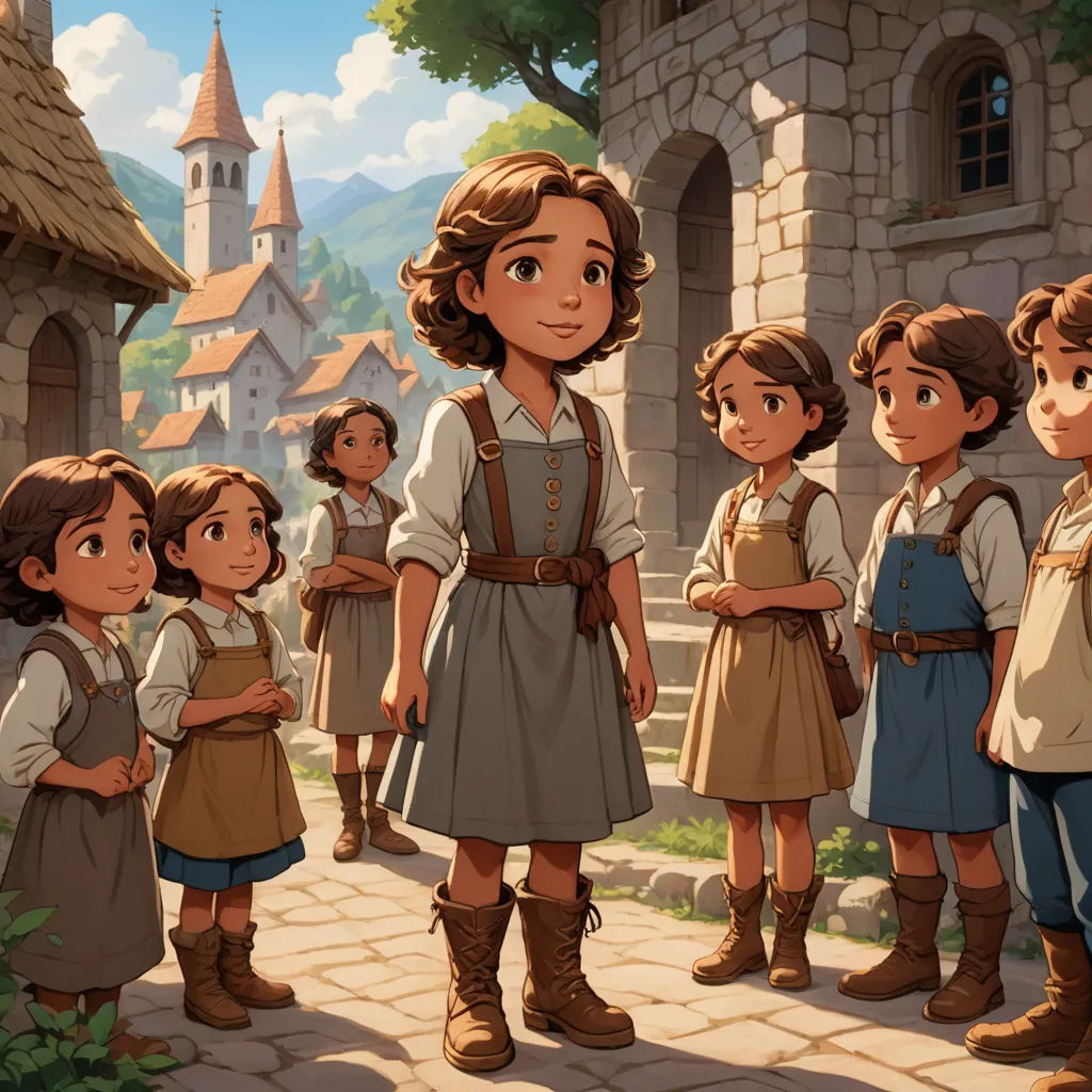 a group of children standing in front of a castle with a woman in a brown dress and a man in a blue shirt, danube school, concept art, Anne Said, cushart krenz