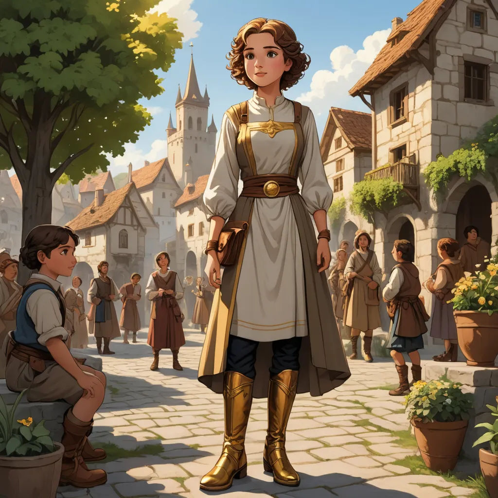 a cartoon of a woman in a medieval dress standing in front of a crowd of people in a village, fantasy art, a storybook illustration, Clint Cearley, fantasy illustration