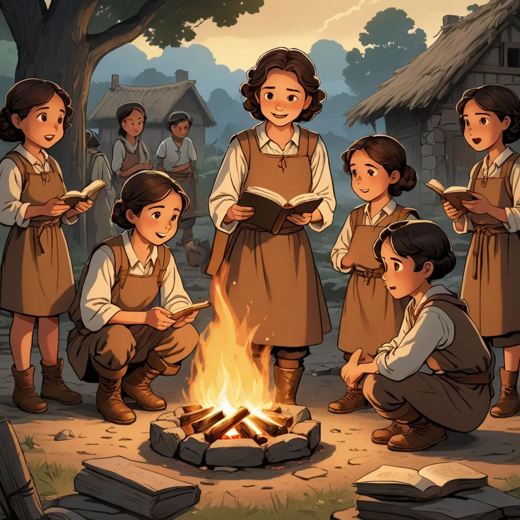 a group of children standing around a fire with a book in their hands and a book in their hands, paris school, a storybook illustration, Diego Gisbert Llorens, official art