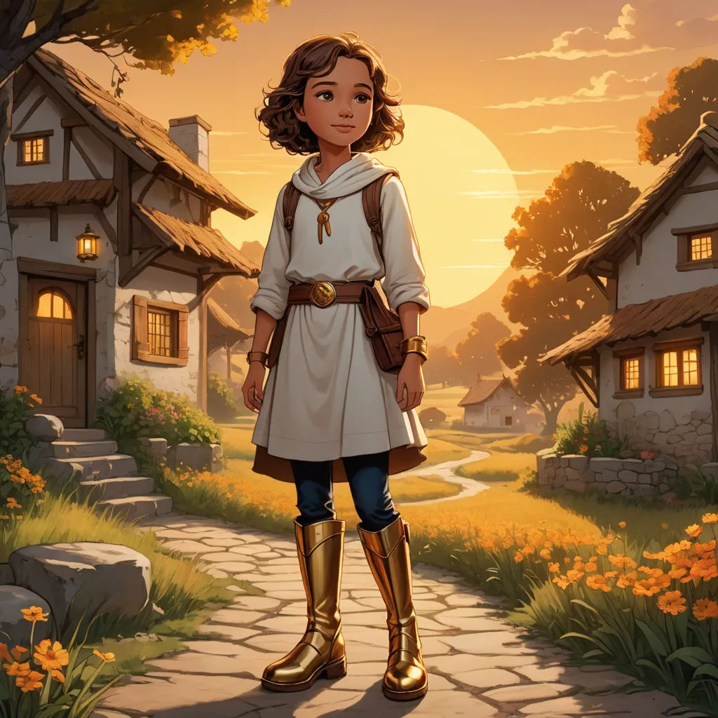 a young girl in a white dress and gold boots standing in front of a house with a sunset in the background, fantasy art, a storybook illustration, Clint Cearley, rossdraws global illumination