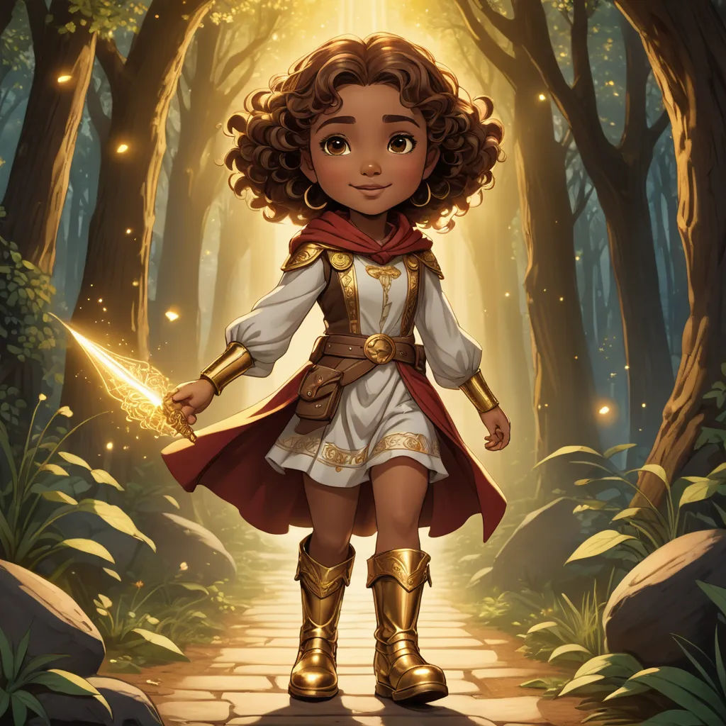 a little girl dressed in a costume and holding a sword in a forest with a path leading to a light, fantasy art, concept art, Chris Rallis, official art
