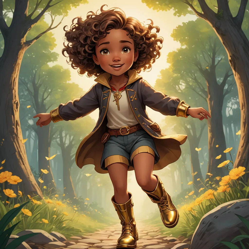 a young girl is running through a forest in a coat and boots with a golden belt on her waist, fantasy art, a character portrait, Chris Rallis, magic the gathering artwork