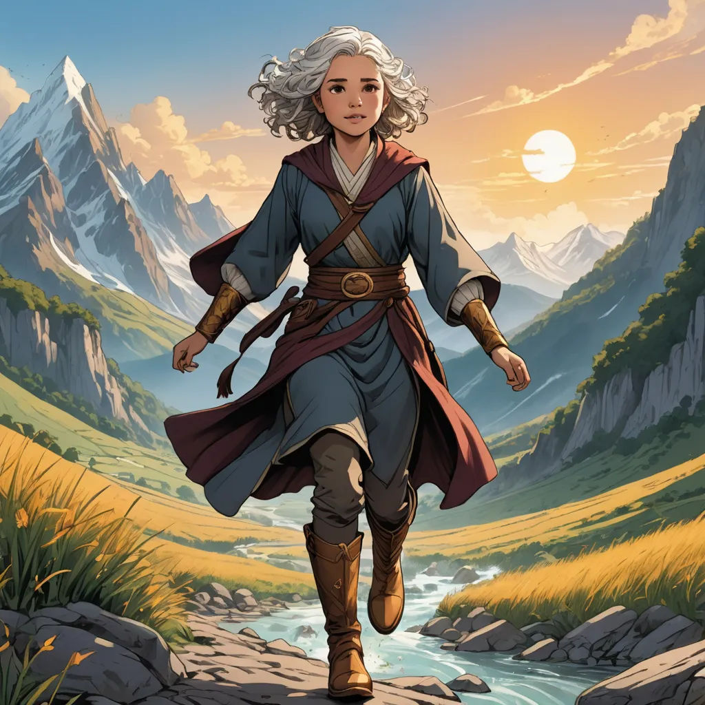 a woman in a long dress walking down a path near a mountain range with a river running through it, fantasy art, concept art, Cliff Childs, official art