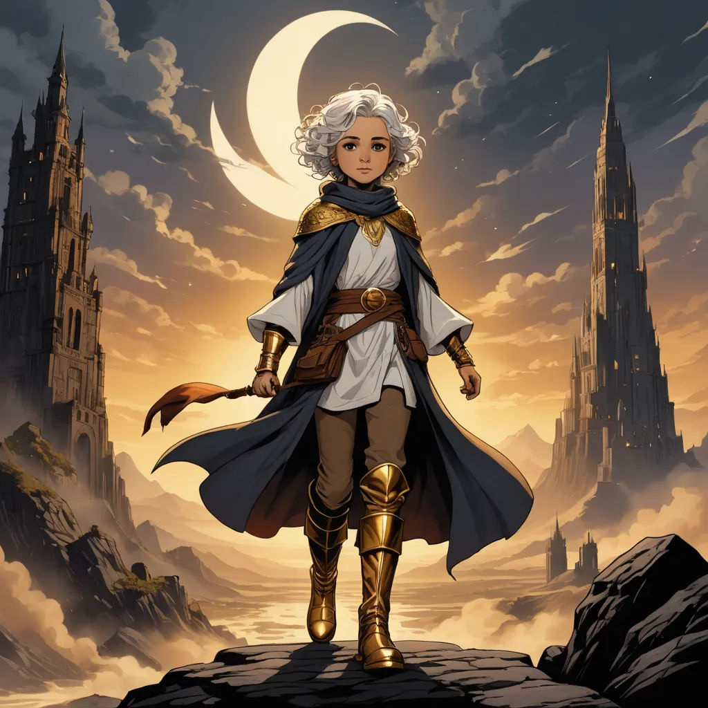 a cartoon of a woman in a medieval costume standing on a rock with a castle in the background and a crescent in the sky, fantasy art, a character portrait, Cliff Childs, rossdraws global illumination