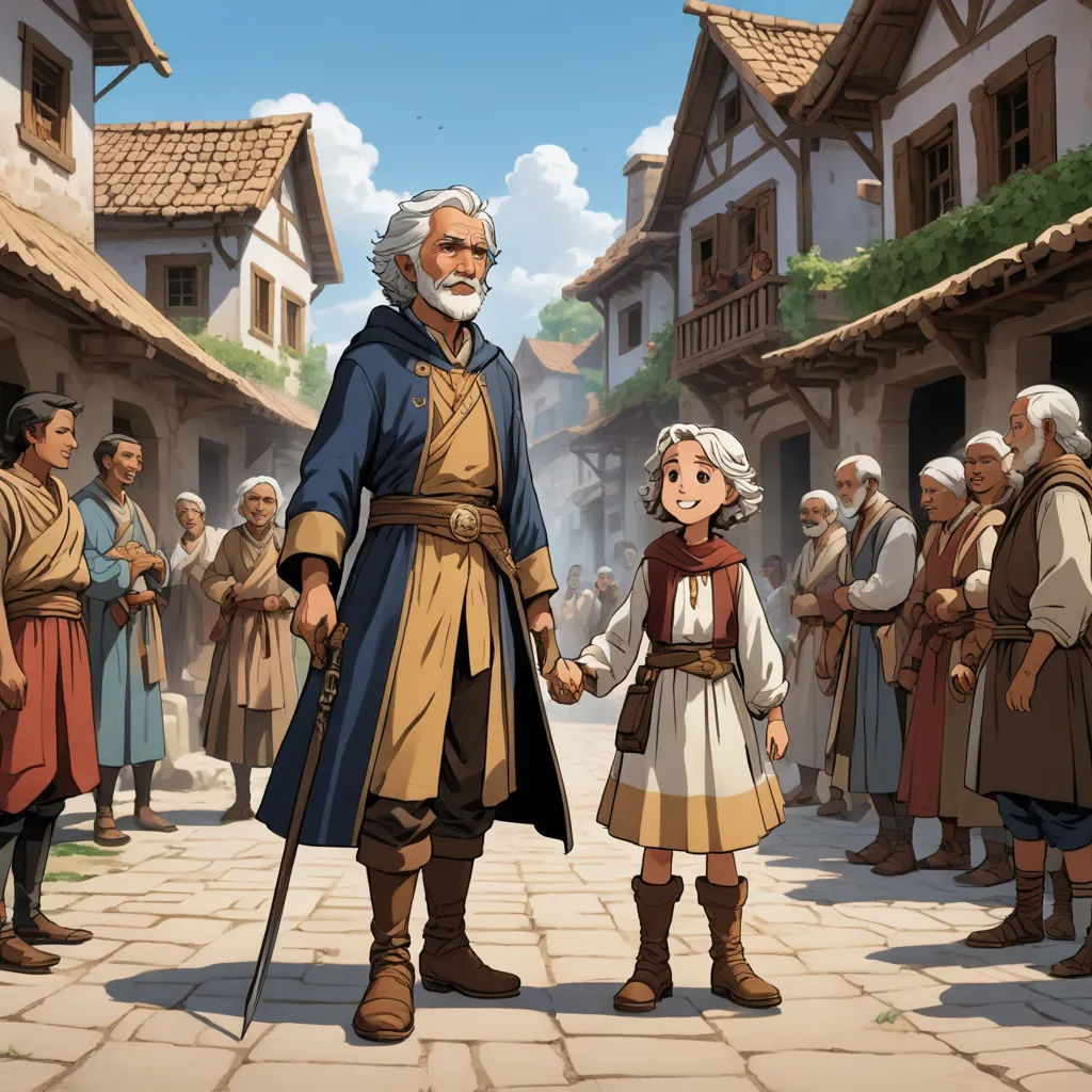 a man and a woman standing in front of a crowd of people in medieval clothing and holding hands with a man in a long brown coat, fantasy art, a storybook illustration, Cedric Seaut (Keos Masons), official art
