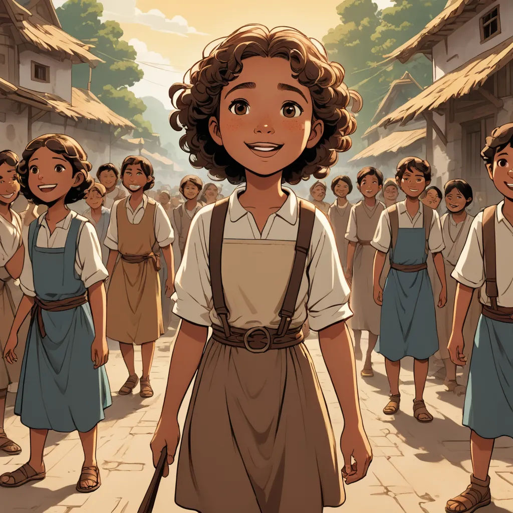 a cartoon of a girl in a village with a stick in her hand and a group of children in the background, serial art, a comic book panel, Asaf Hanuka, official art