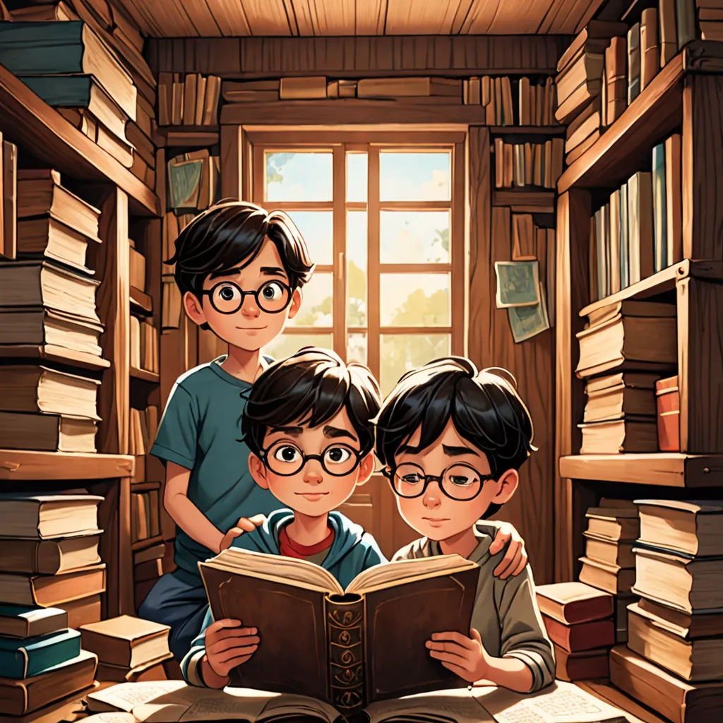 three children are reading a book in a library full of books and bookshelves, with a window in the background, sots art, a storybook illustration, Diego Gisbert Llorens, official art