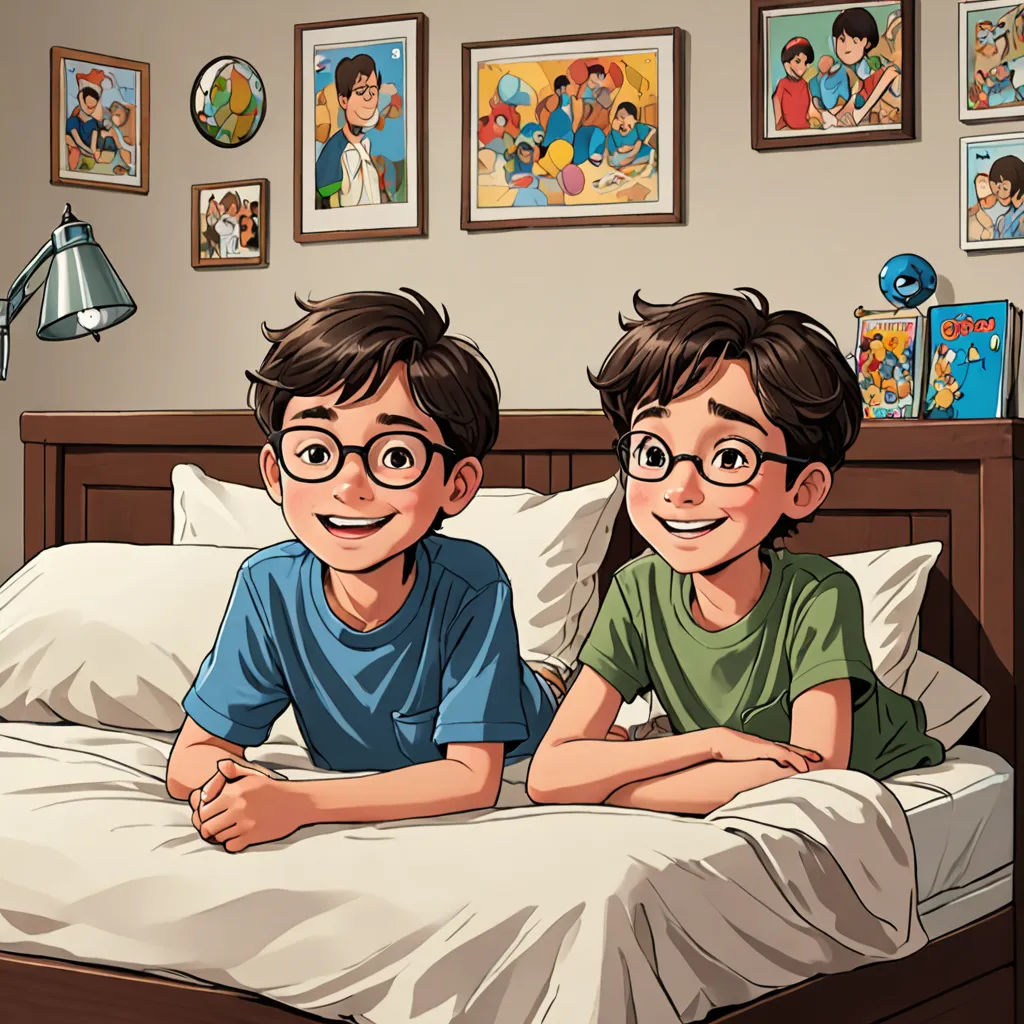 a couple of kids laying in a bed next to each other on a bed with a white comforter, lyco art, a comic book panel, Diego Gisbert Llorens, comic book