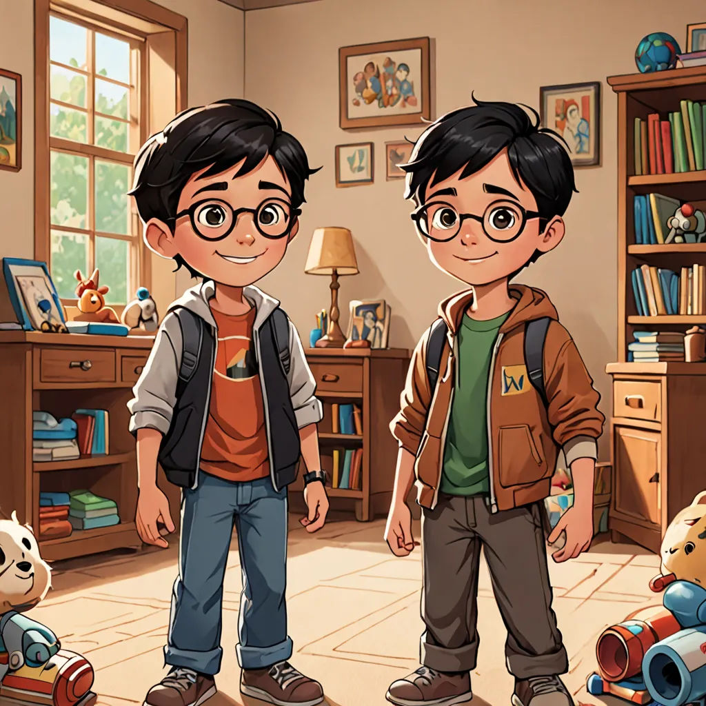two young boys standing in a room with toys and books on the shelves and a teddy bear on the floor, sots art, concept art, Brothers Hildebrandt, official art