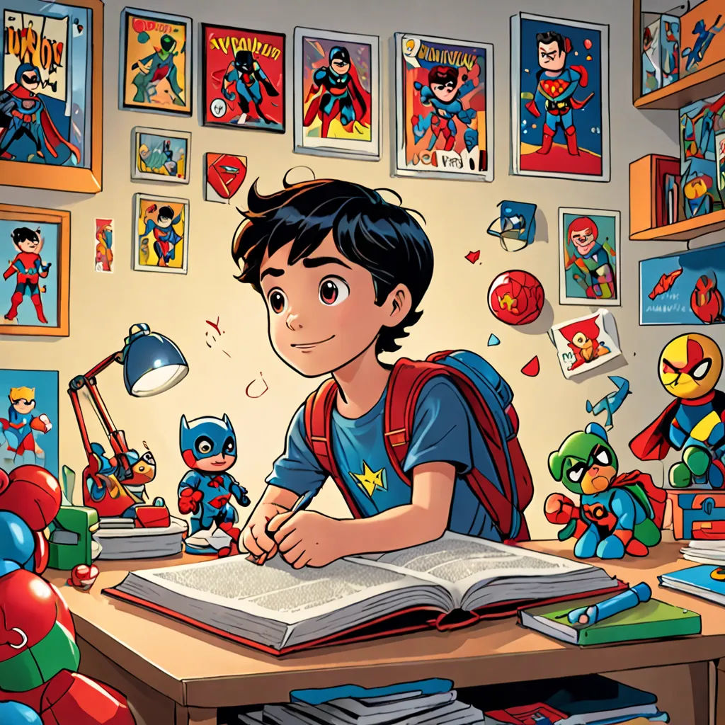 a boy is sitting at a desk with a book and a toy in front of him and a bunch of pictures on the wall, academic art, a comic book panel, Diego Gisbert Llorens, comic cover art