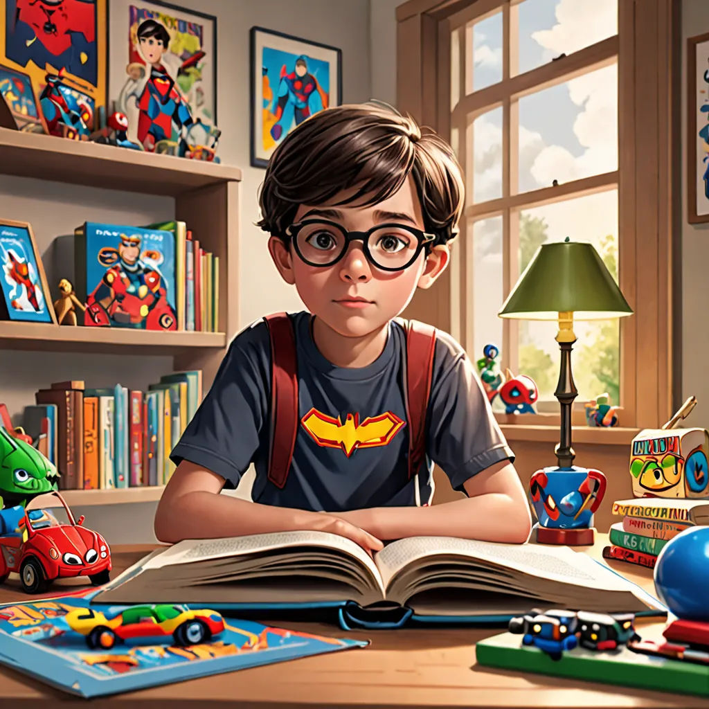 a boy sitting at a desk with a book and toy cars in front of him and a lamp on the table, photorealism, a storybook illustration, Diego Gisbert Llorens, highly detailed digital painting