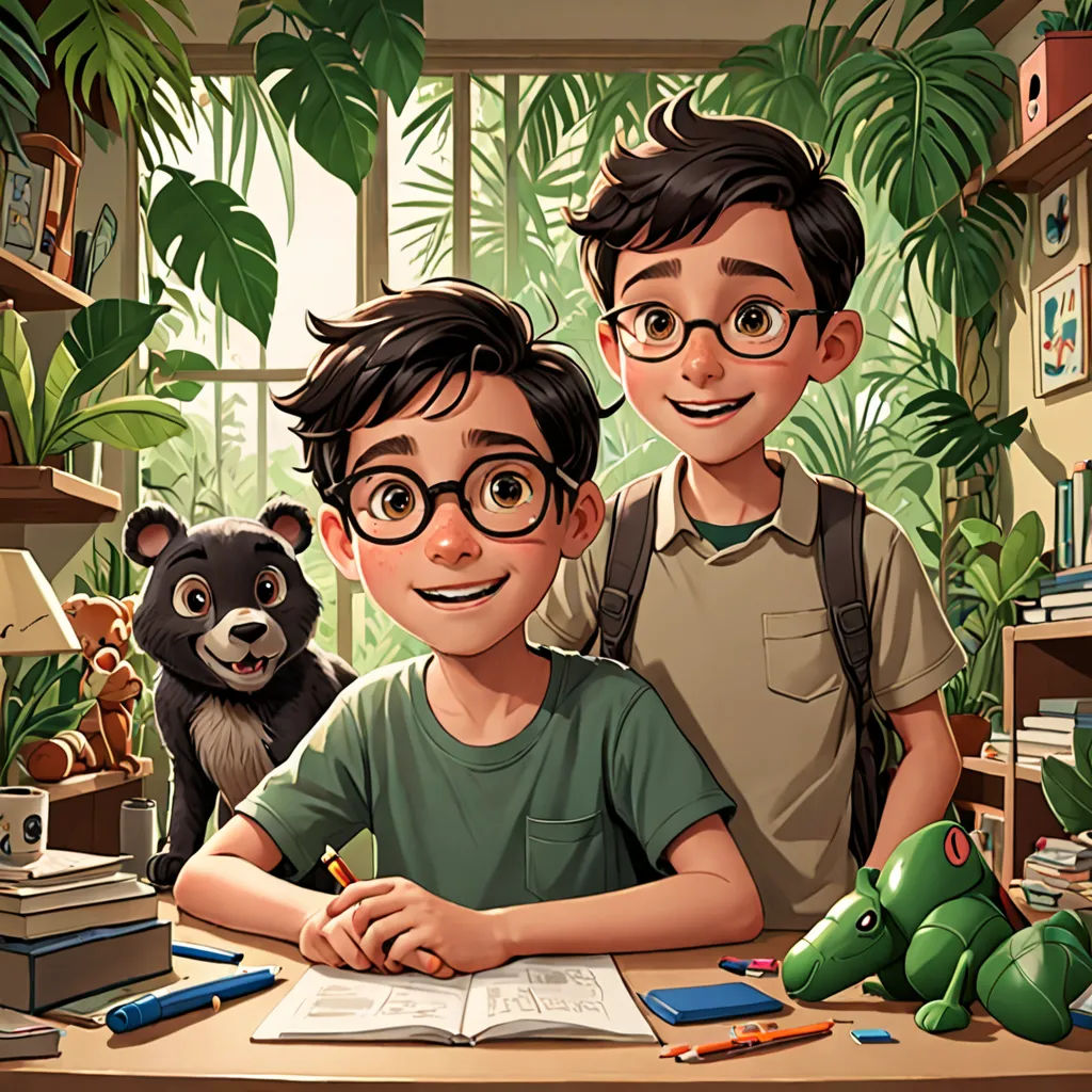 a boy and a boy are sitting at a desk with a book and a teddy bear in front of them, sots art, a storybook illustration, Diego Gisbert Llorens, rossdraws global illumination