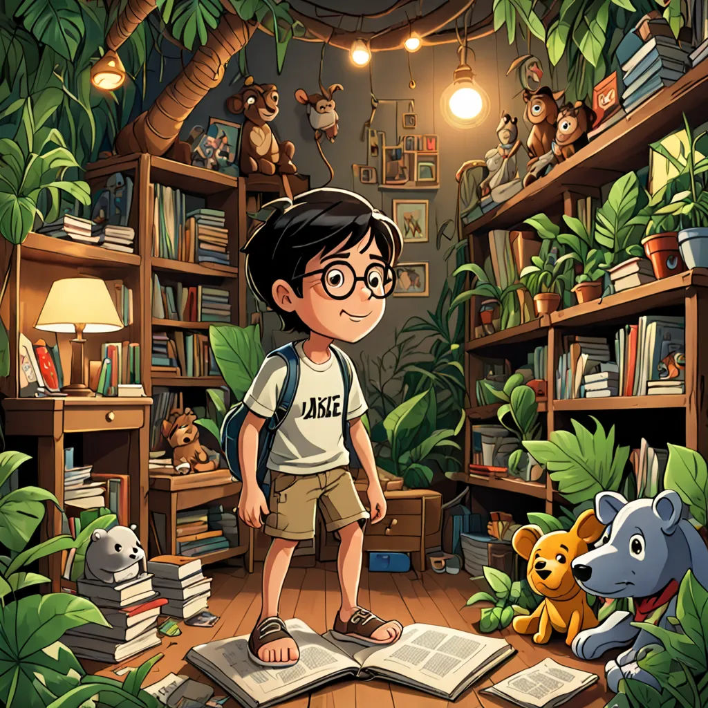 a boy standing in a room with a book and a stuffed animal in front of him and a bookcase full of books, fantasy art, a storybook illustration, Diego Gisbert Llorens, storybook illustration